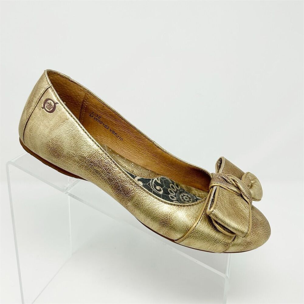 Born Women's Metallic Gold Leather Slip-On Ballet Flats Size 7 Big Textured Bow